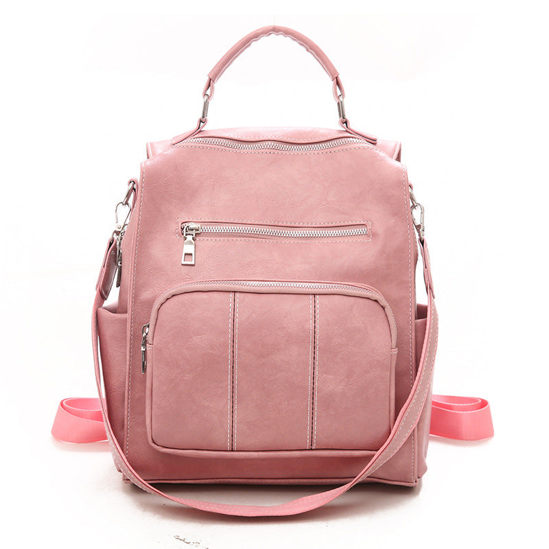 Women's Fashion Leisure Plain Backpack in black, yellow-brown, and pink colors, showcasing its stylish design and soft PU material.