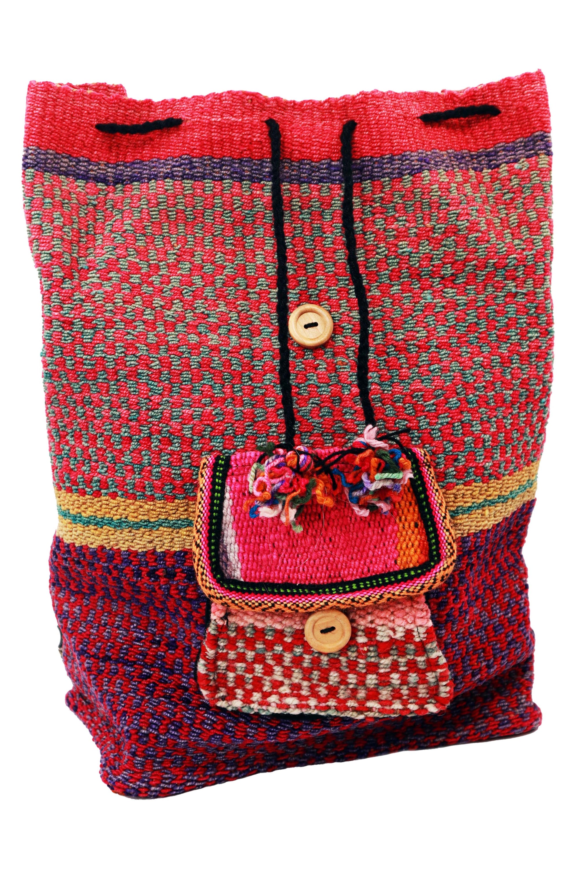 Zig-Zag Double Closure Backpack featuring vibrant green, tiger orange, and deep chocolate colors, handwoven with intricate designs.