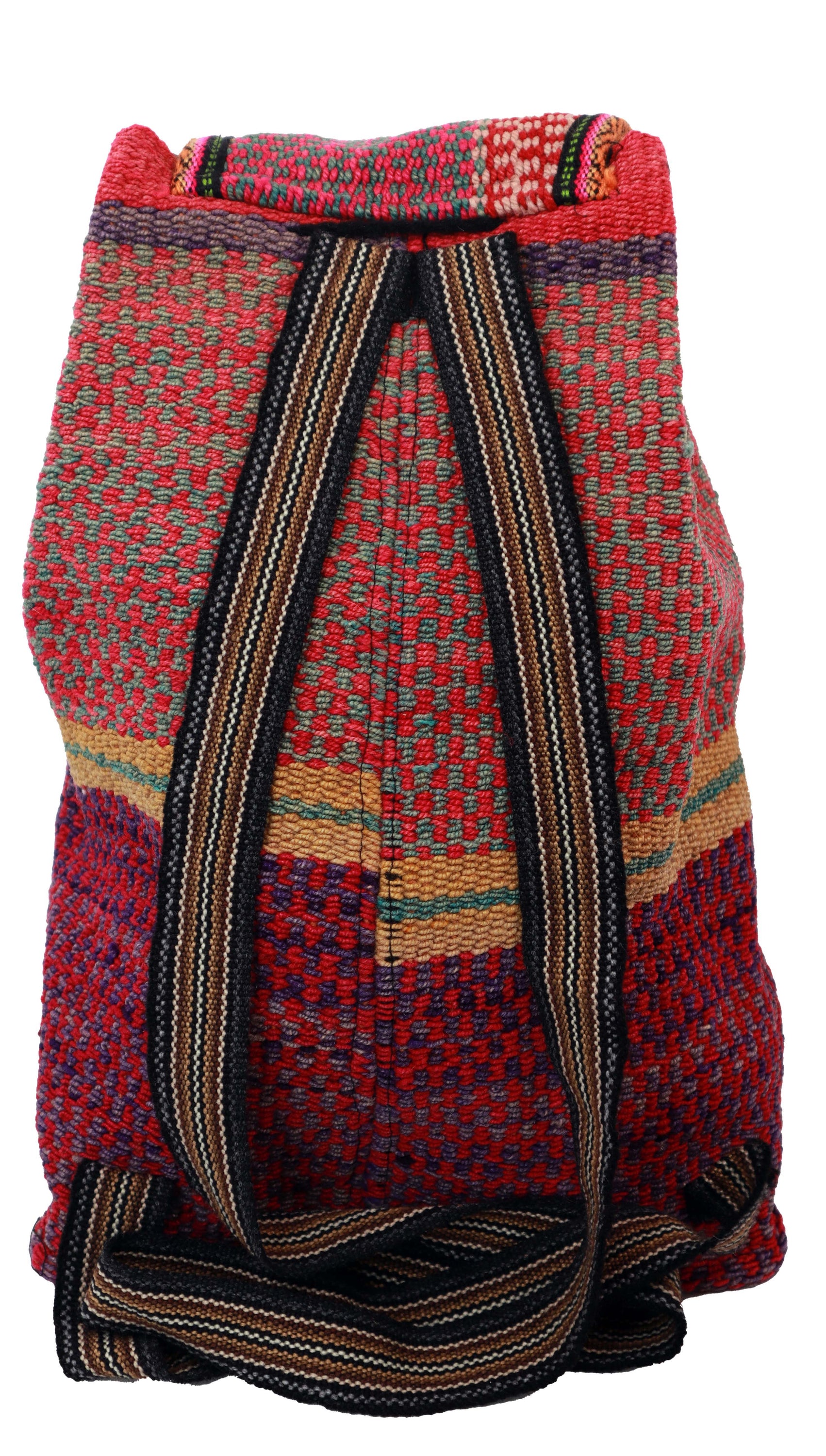 Zig-Zag Double Closure Backpack featuring vibrant green, tiger orange, and deep chocolate colors, handwoven with intricate designs.