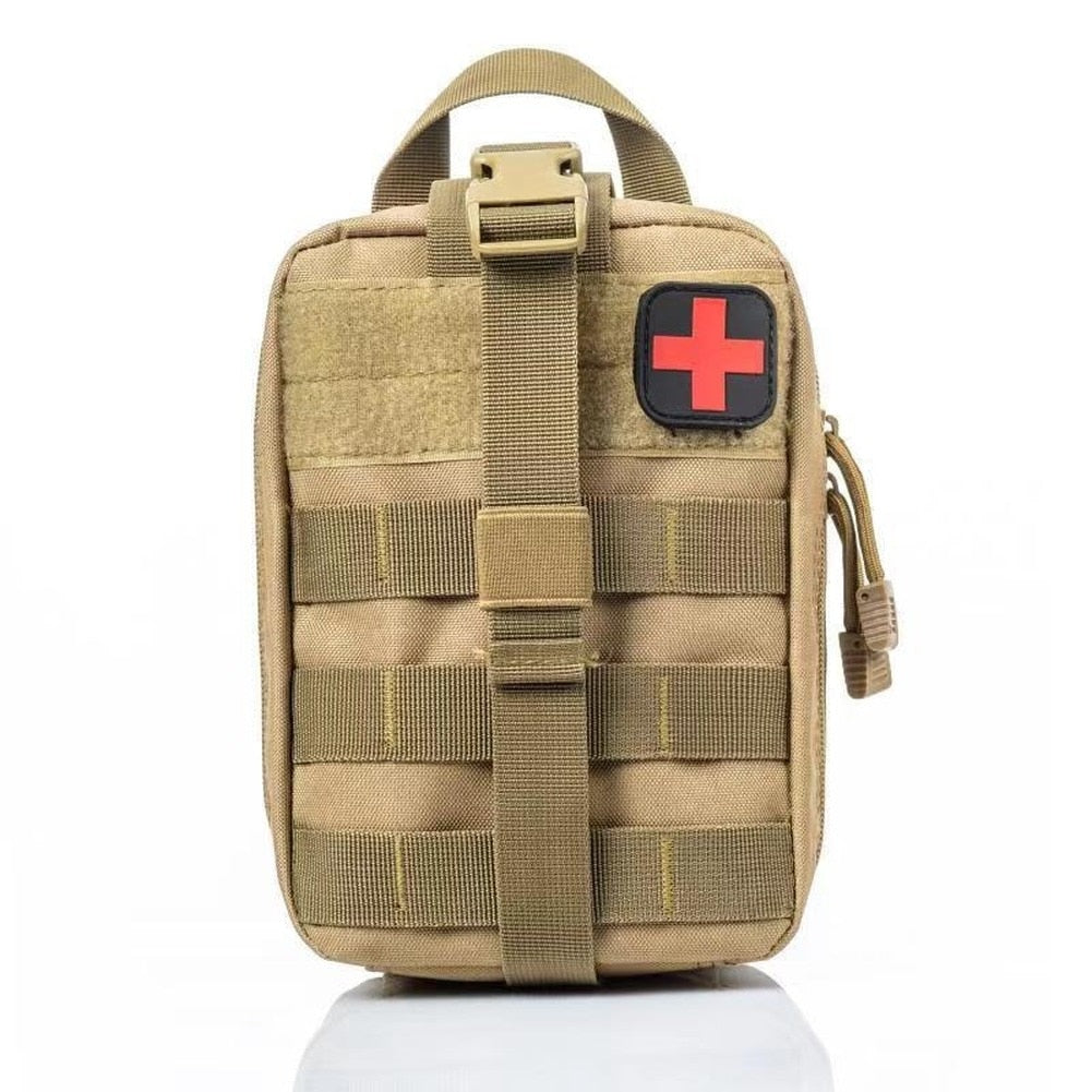 A tactical waist pack designed for first-aid supplies, featuring dual zippers, a rip-away panel, and a wide handle for easy access.