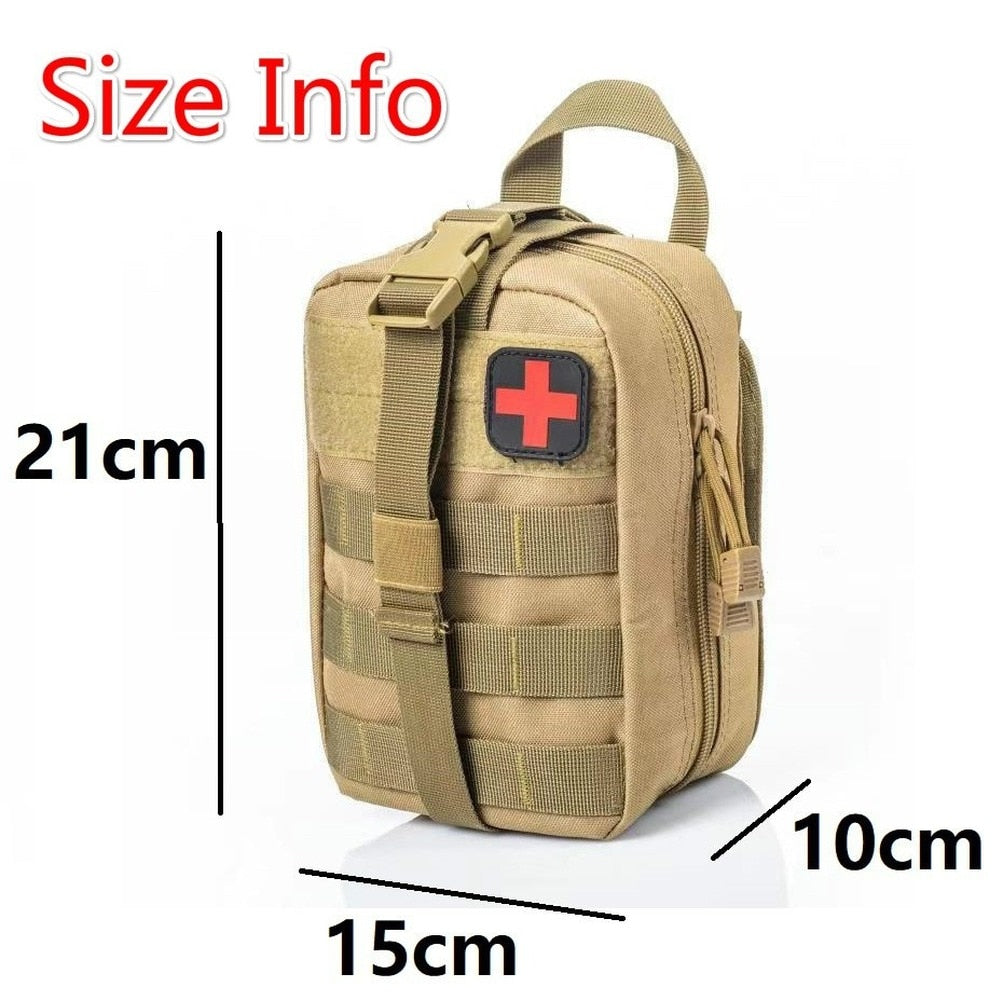 A tactical waist pack designed for first-aid supplies, featuring dual zippers, a rip-away panel, and a wide handle for easy access.