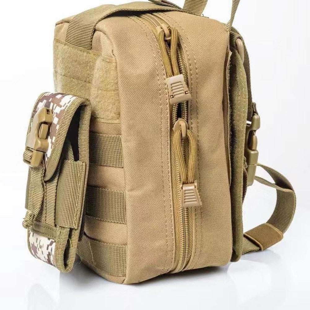 A tactical waist pack designed for first-aid supplies, featuring dual zippers, a rip-away panel, and a wide handle for easy access.