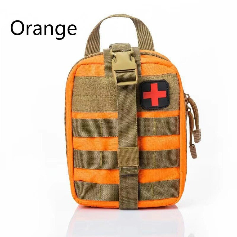 A tactical waist pack designed for first-aid supplies, featuring dual zippers, a rip-away panel, and a wide handle for easy access.