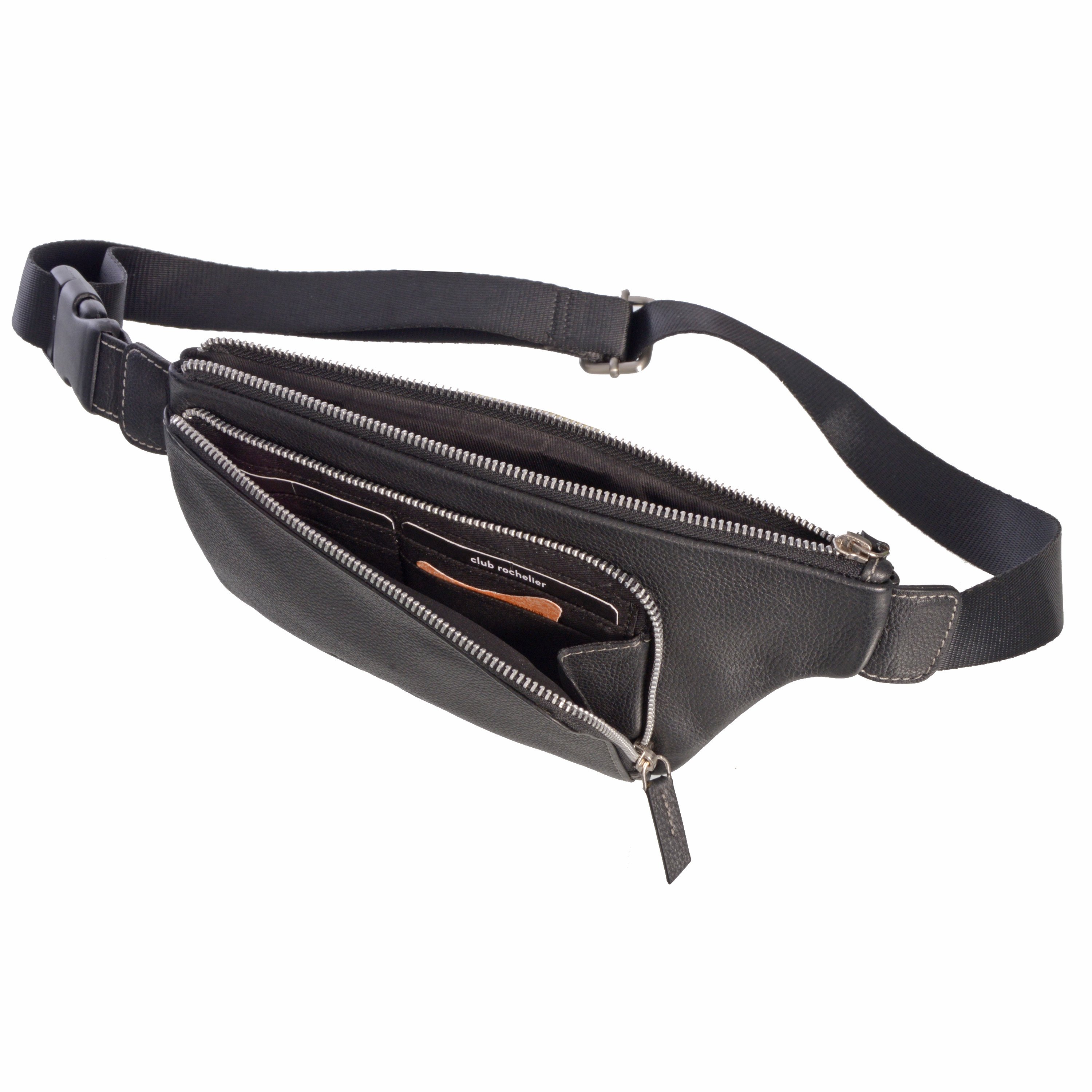 Double Zipper Belt Bag in textured genuine leather with adjustable nylon strap and card holder slots, perfect for outdoor activities.
