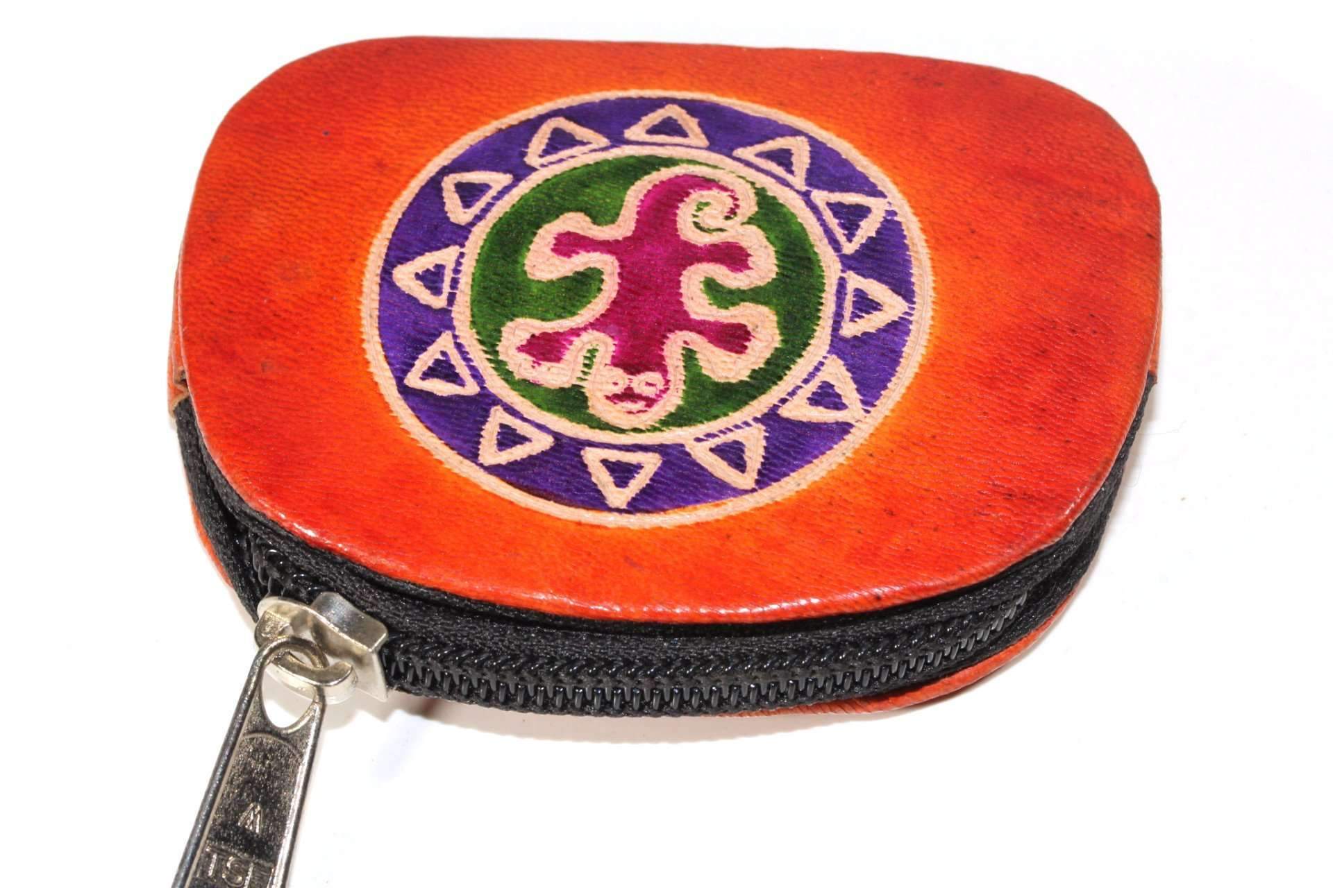 Colorful Tribal Salamander Coin Purse made of genuine leather, featuring a unique embossed design and a zip closure for secure storage.