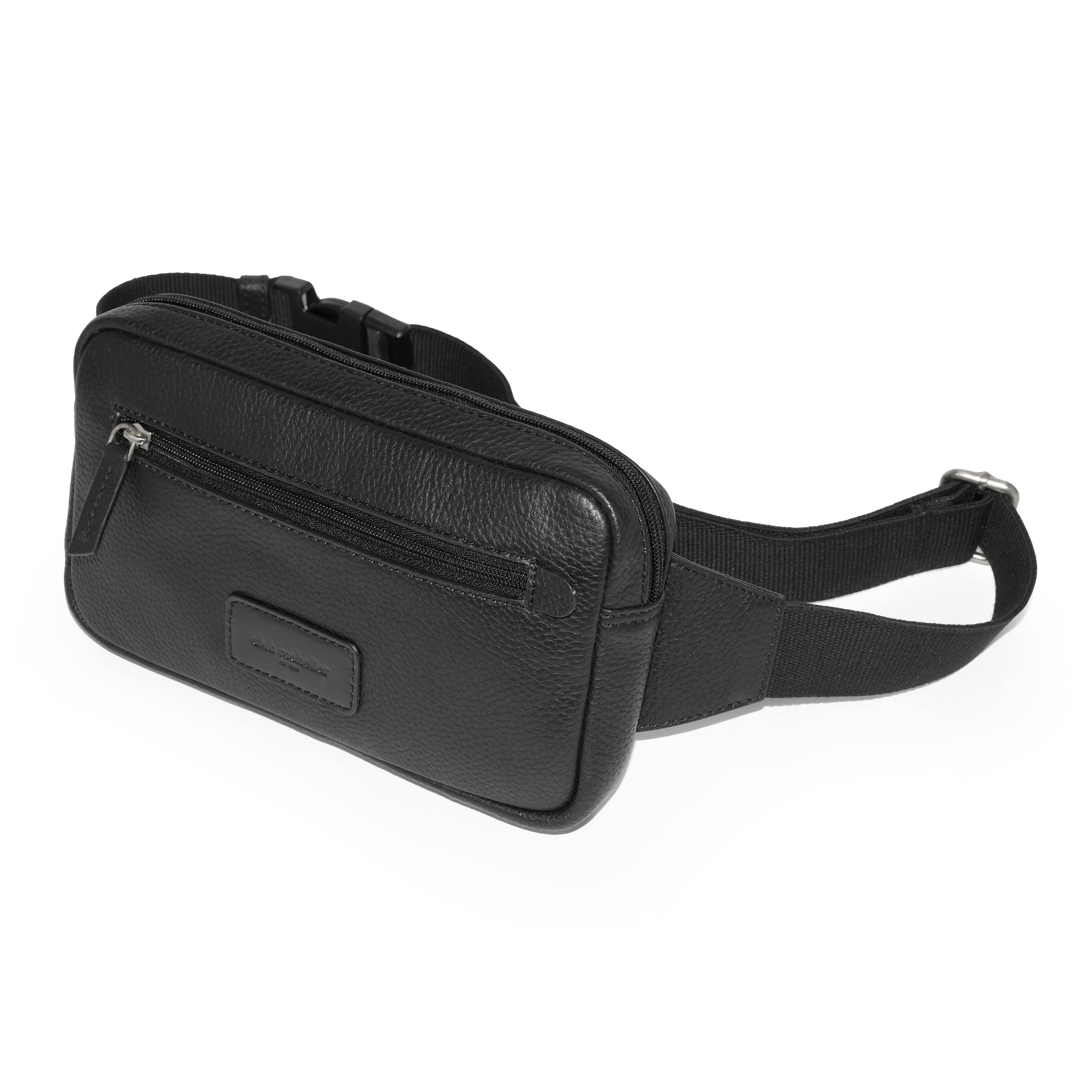 A stylish unisex belt bag made of pebbled leather, featuring a top zipper compartment, front zipper pocket, and adjustable waist strap with metal slider.