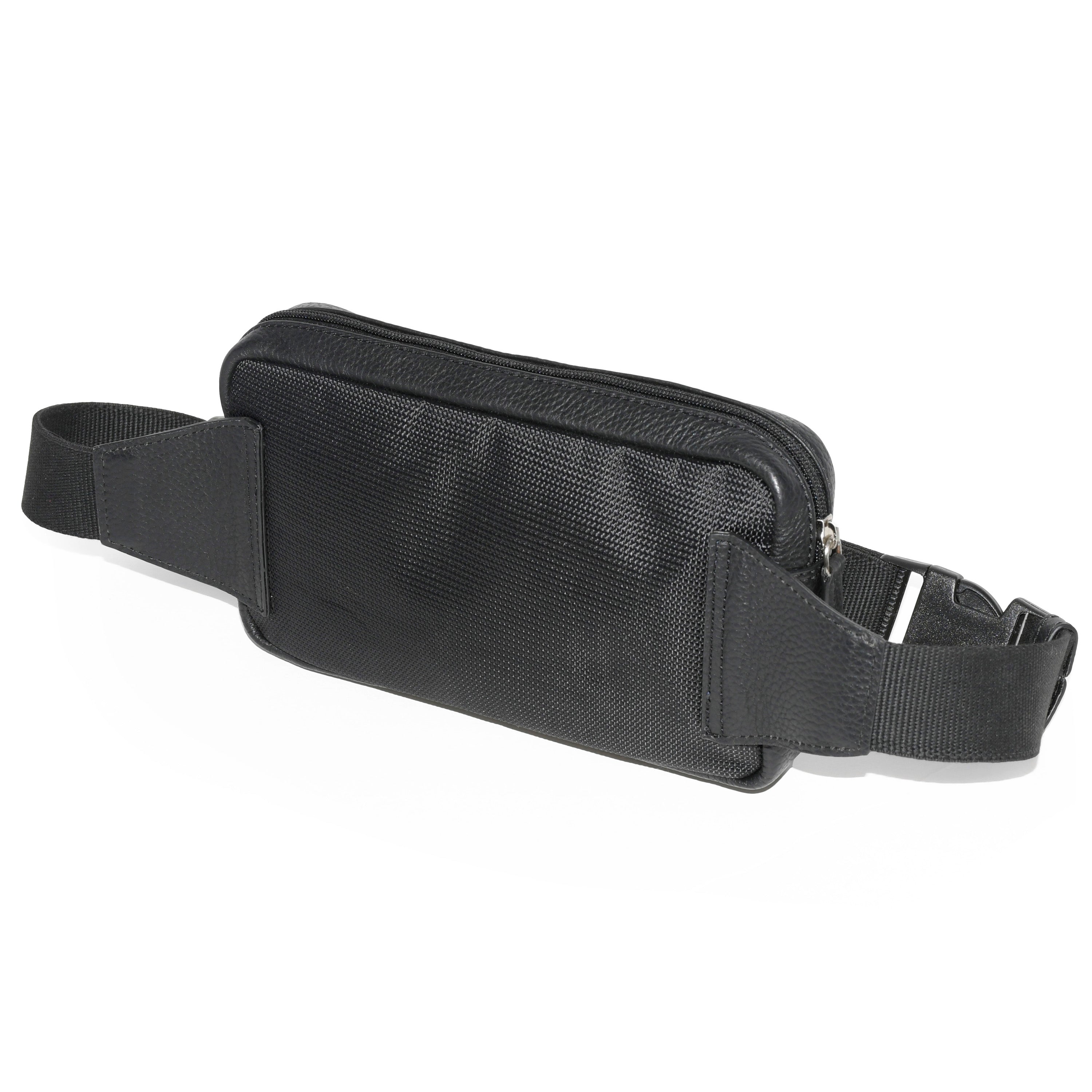 A stylish unisex belt bag made of pebbled leather, featuring a top zipper compartment, front zipper pocket, and adjustable waist strap with metal slider.