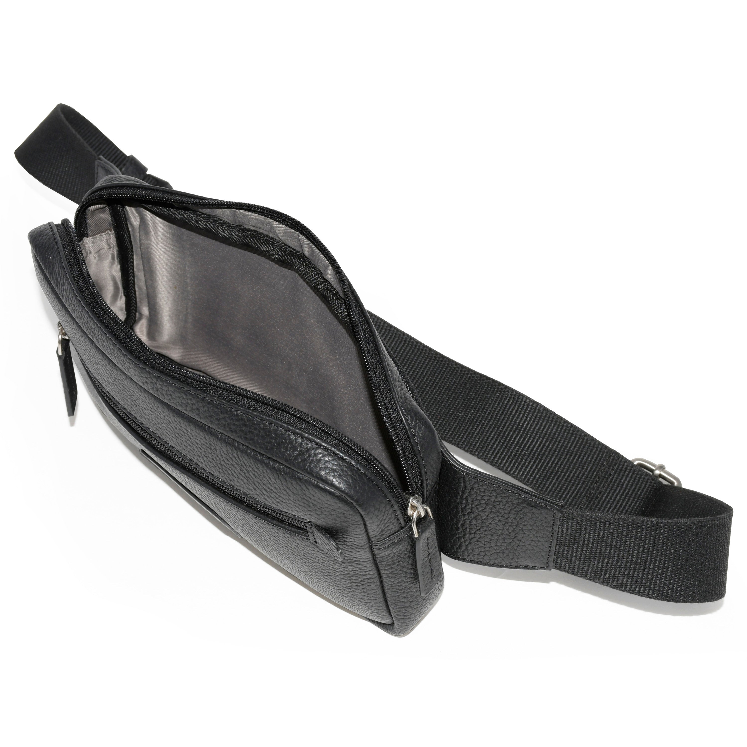 A stylish unisex belt bag made of pebbled leather, featuring a top zipper compartment, front zipper pocket, and adjustable waist strap with metal slider.