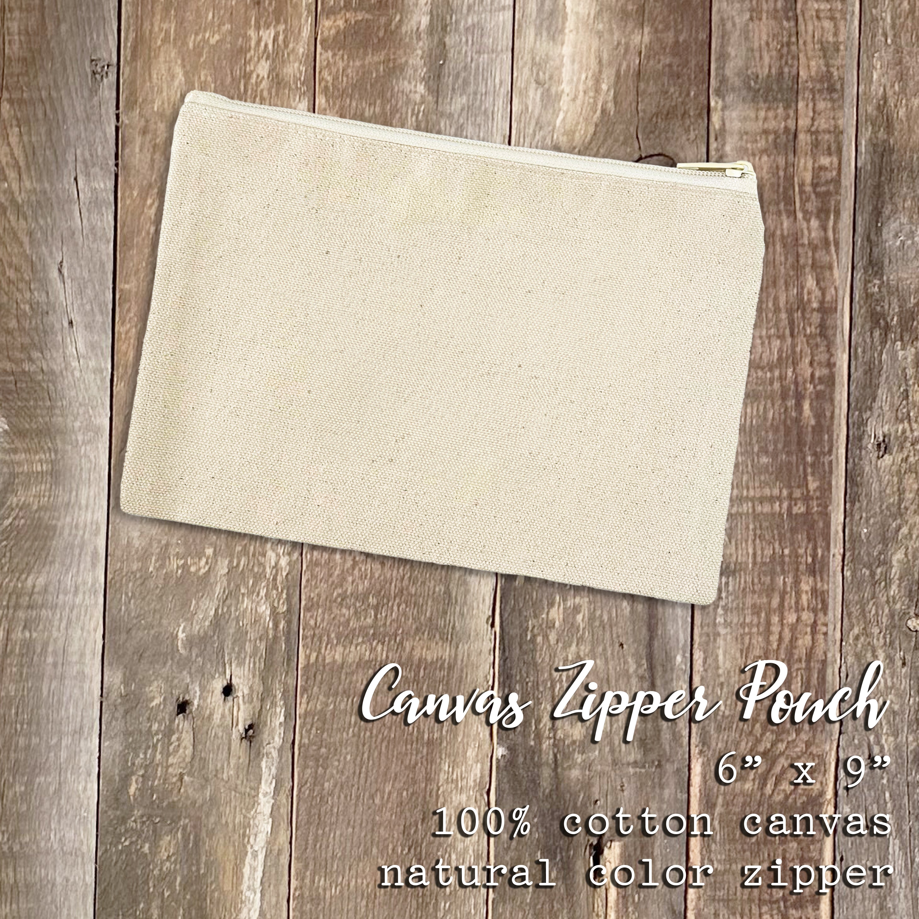 A stylish canvas zipper pouch featuring a whimsical witch silhouette design, made from durable 100% cotton canvas.