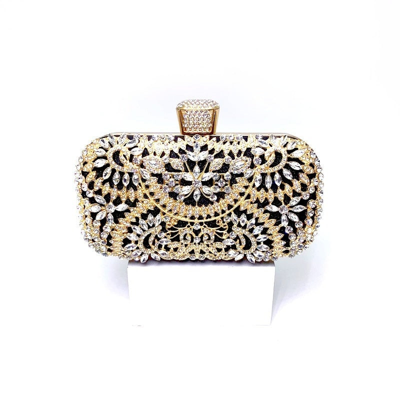 2022 Diamond Evening Clutch Bag for Women in golden color with floral pattern and diamond decoration, featuring a metal handle.