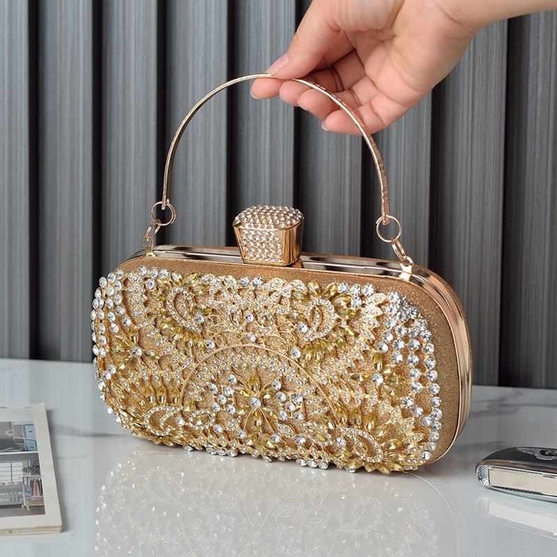 2022 Diamond Evening Clutch Bag for Women in golden color with floral pattern and diamond decoration, featuring a metal handle.