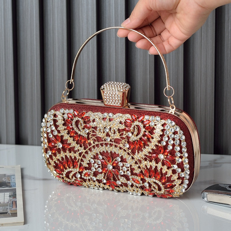 2022 Diamond Evening Clutch Bag for Women in golden color with floral pattern and diamond decoration, featuring a metal handle.