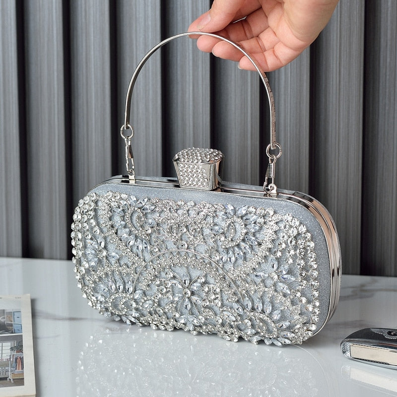 2022 Diamond Evening Clutch Bag for Women in golden color with floral pattern and diamond decoration, featuring a metal handle.