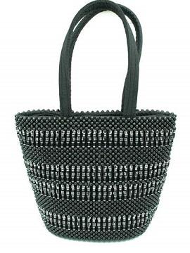 A beautifully crafted Beaded Handmade Shoulder Bag featuring intricate black and silver beads, designed in Uganda, with a padded black background and zippered pocket.