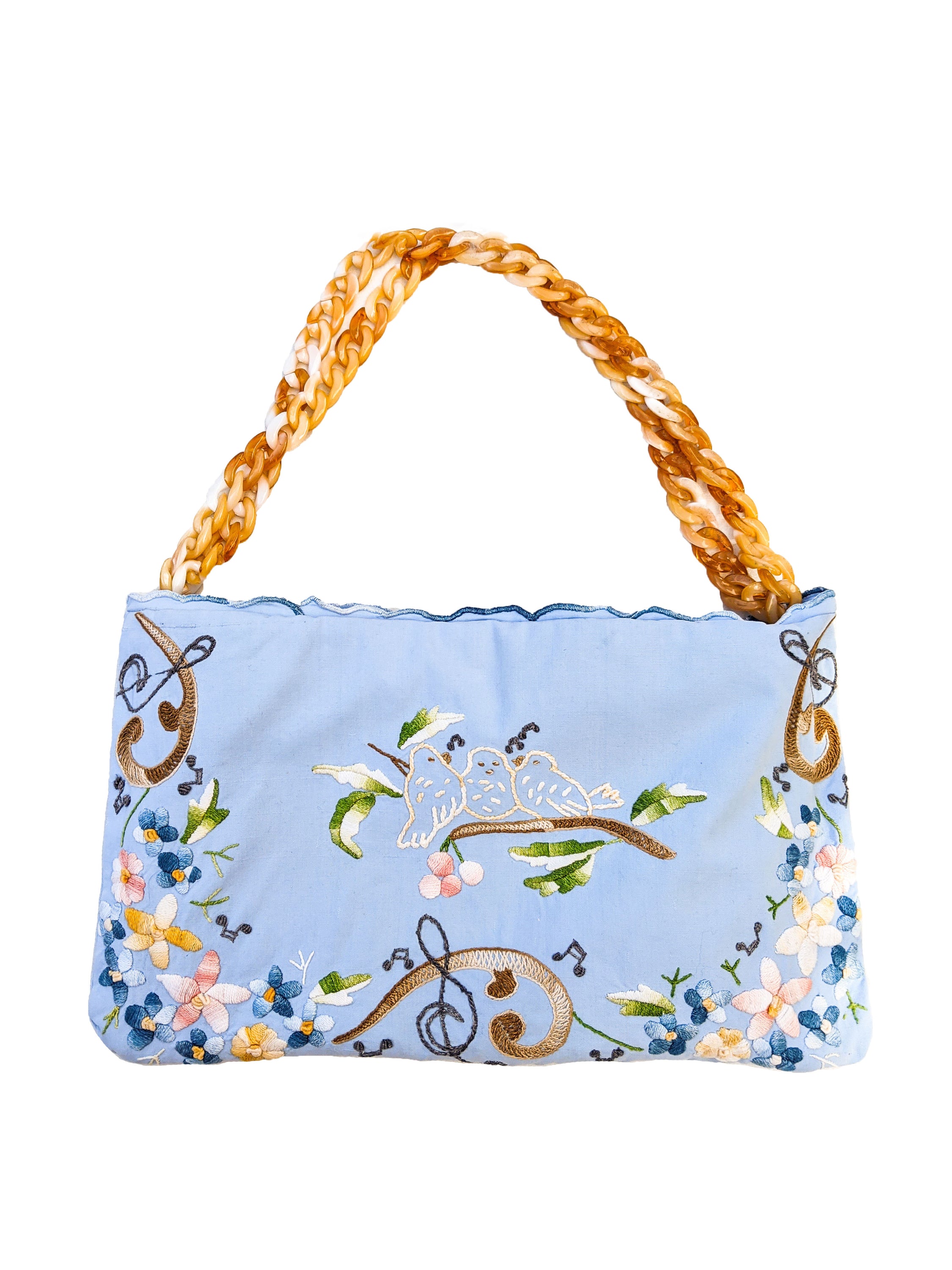 A blue antique garment cloth bag featuring intricate embroidered ornaments and a brown chain handle, showcasing its elegant design and zip closure.
