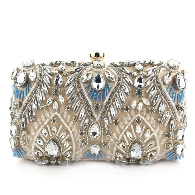 Luxury Diamond Rhinestone Clutch Handbag featuring exquisite beaded design and elegant clasp closure, available in blue, black, and champagne colors.