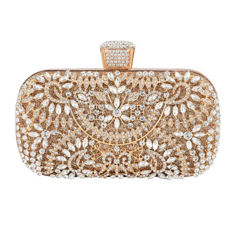 Elegant Diamond Evening Clutch Bag for women, featuring floral pattern and sparkling diamonds, perfect for weddings and parties.