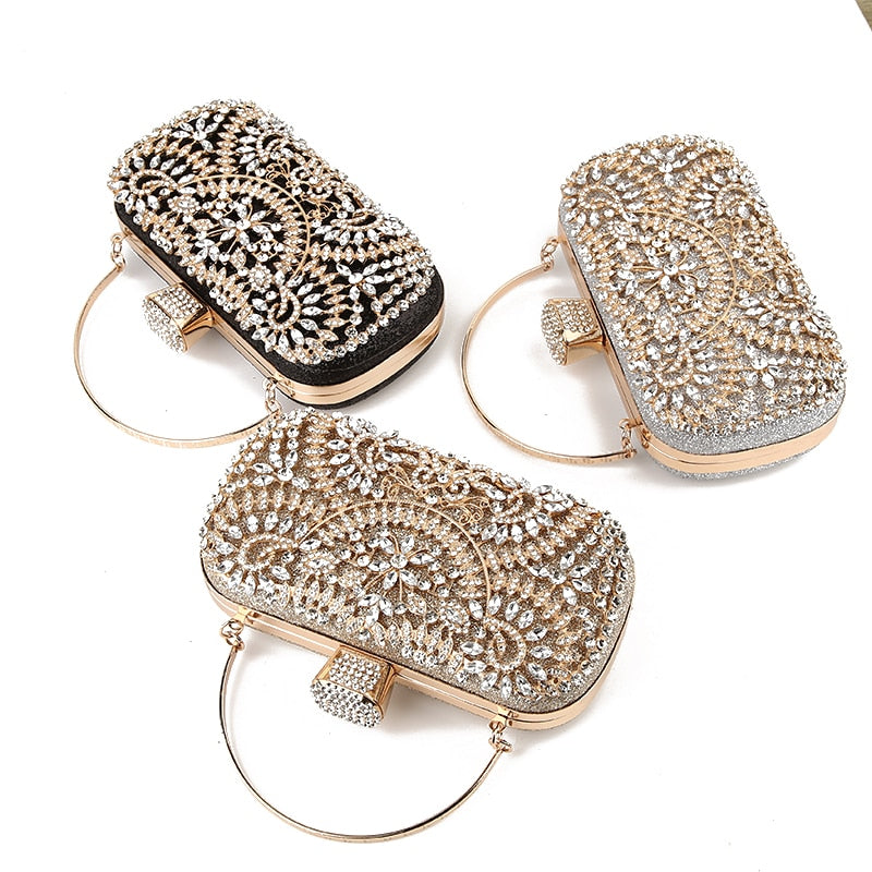 Elegant Diamond Evening Clutch Bag for women, featuring floral pattern and sparkling diamonds, perfect for weddings and parties.