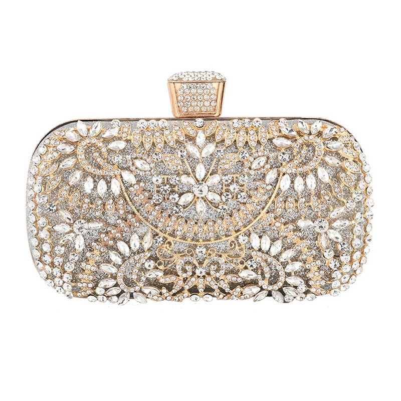 Elegant Diamond Evening Clutch Bag for women, featuring floral pattern and sparkling diamonds, perfect for weddings and parties.