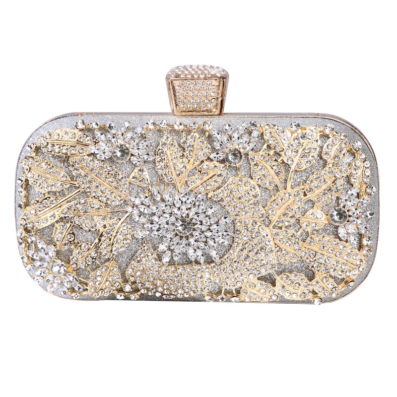 Elegant Diamond Evening Clutch Bag for women, featuring floral pattern and sparkling diamonds, perfect for weddings and parties.