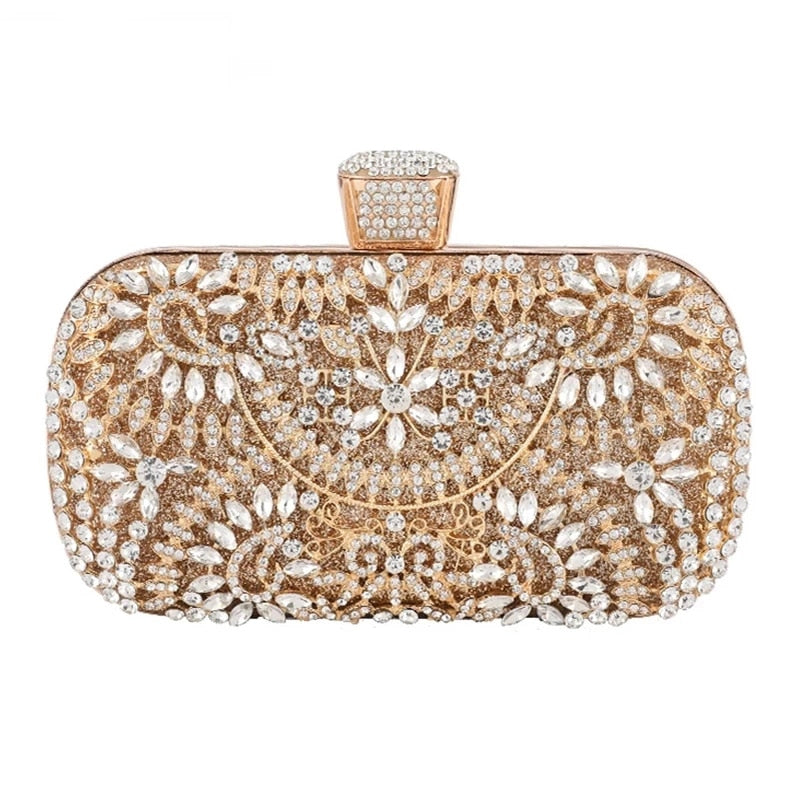 Elegant Diamond Evening Clutch Bag for women, featuring floral pattern and sparkling diamonds, perfect for weddings and parties.