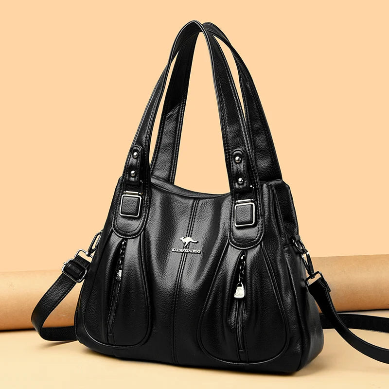 Elegant Leather Handbag showcasing high-quality leather, spacious interior, and classic design, perfect for fashion-forward women.