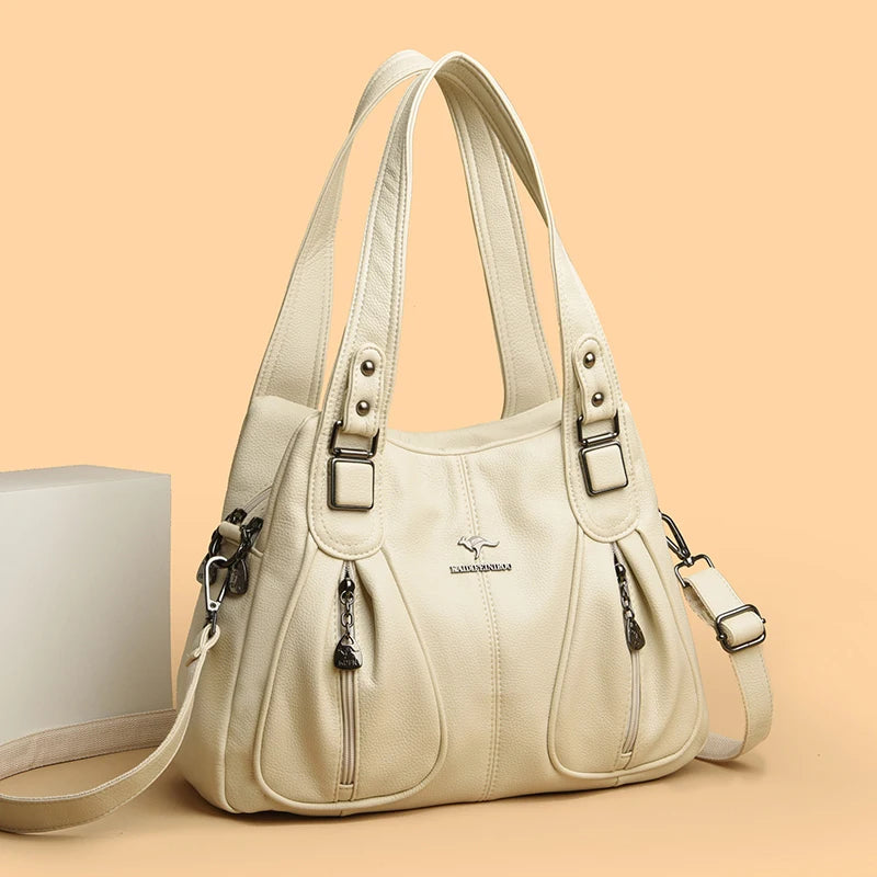 Elegant Leather Handbag showcasing high-quality leather, spacious interior, and classic design, perfect for fashion-forward women.