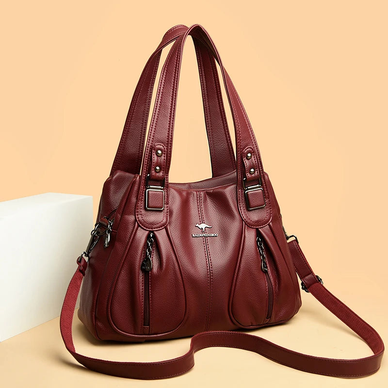 Elegant Leather Handbag showcasing high-quality leather, spacious interior, and classic design, perfect for fashion-forward women.