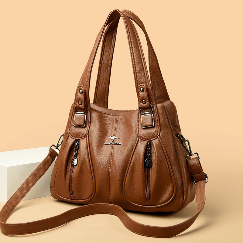 Elegant Leather Handbag showcasing high-quality leather, spacious interior, and classic design, perfect for fashion-forward women.