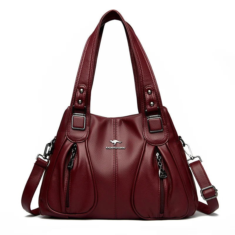 Elegant Leather Handbag showcasing high-quality leather, spacious interior, and classic design, perfect for fashion-forward women.