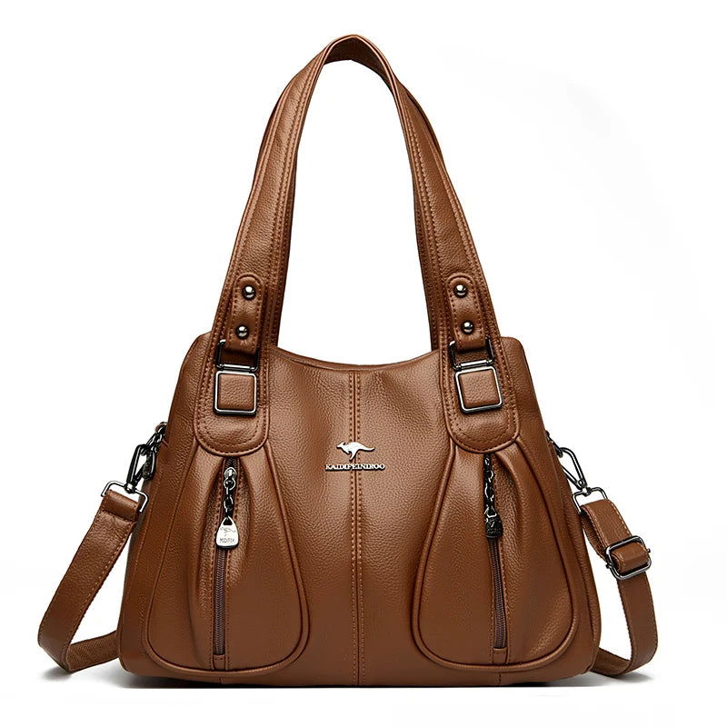 Elegant Leather Handbag showcasing high-quality leather, spacious interior, and classic design, perfect for fashion-forward women.