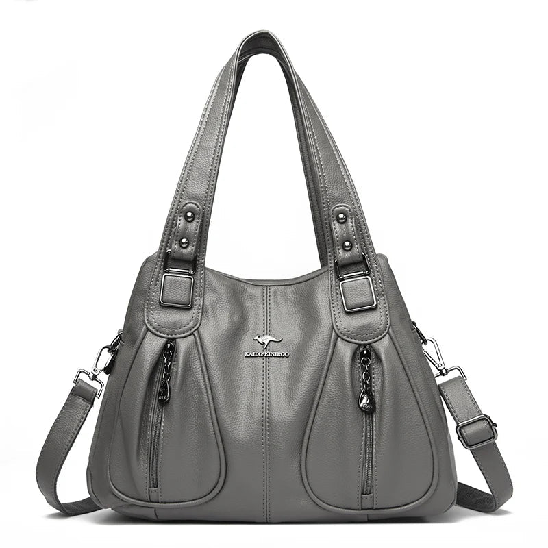 Elegant Leather Handbag showcasing high-quality leather, spacious interior, and classic design, perfect for fashion-forward women.