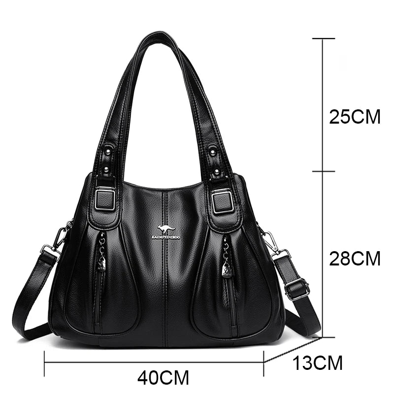 Elegant Leather Handbag showcasing high-quality leather, spacious interior, and classic design, perfect for fashion-forward women.