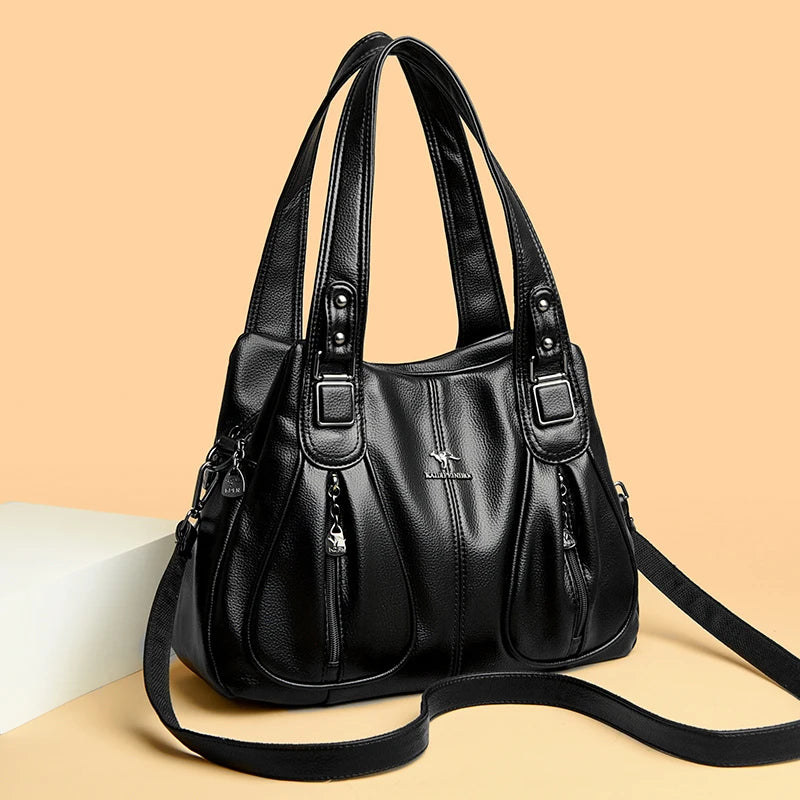 Elegant Leather Handbag showcasing high-quality leather, spacious interior, and classic design, perfect for fashion-forward women.