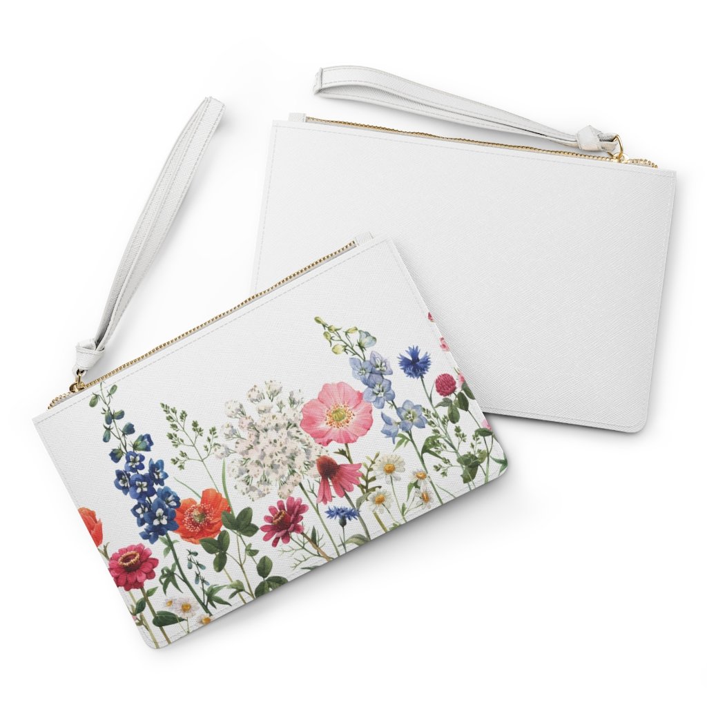 Floral Designed Zipped Clutch Bag made of vegan leather with a loop handle and zip fastening, featuring a beautiful floral pattern.