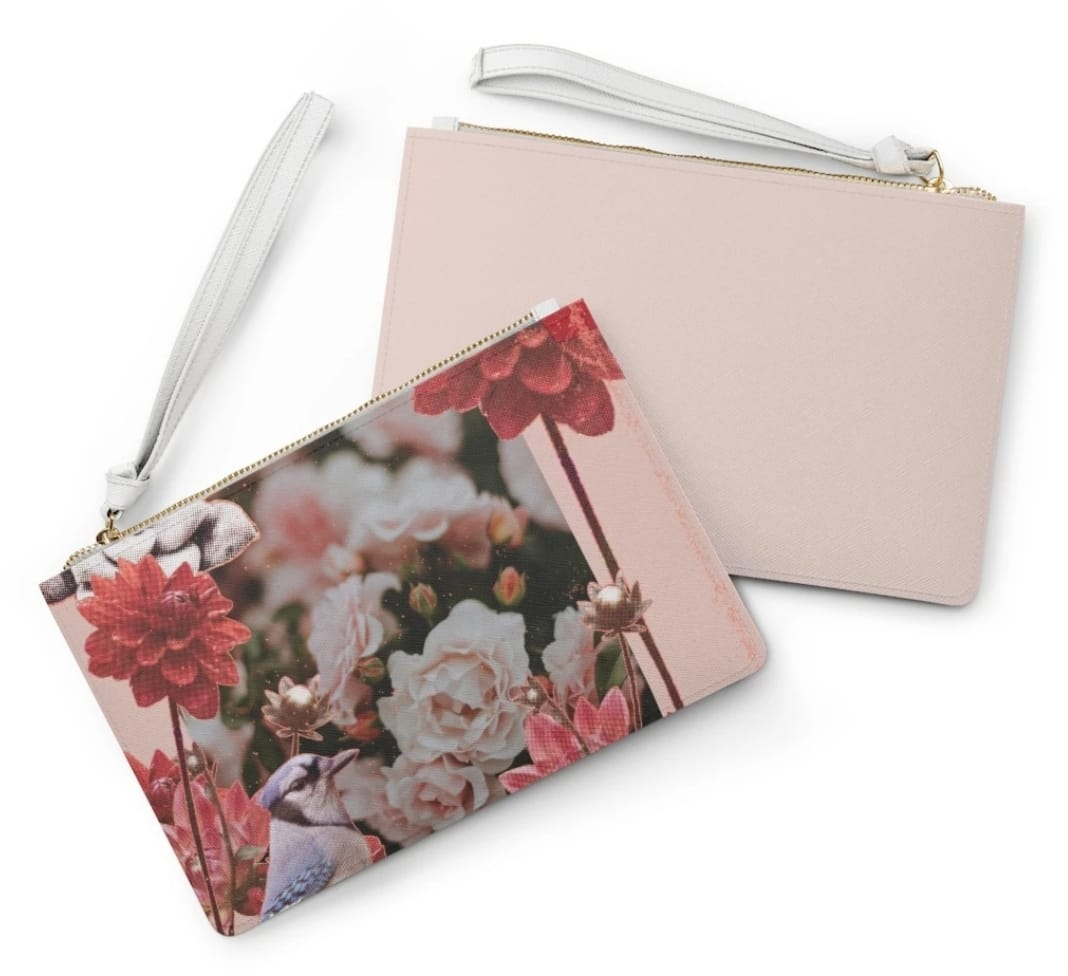 Floral Grunge Design Zipped Clutch Bag in vegan leather with Saffiano pattern, featuring a loop handle and zip fastening.
