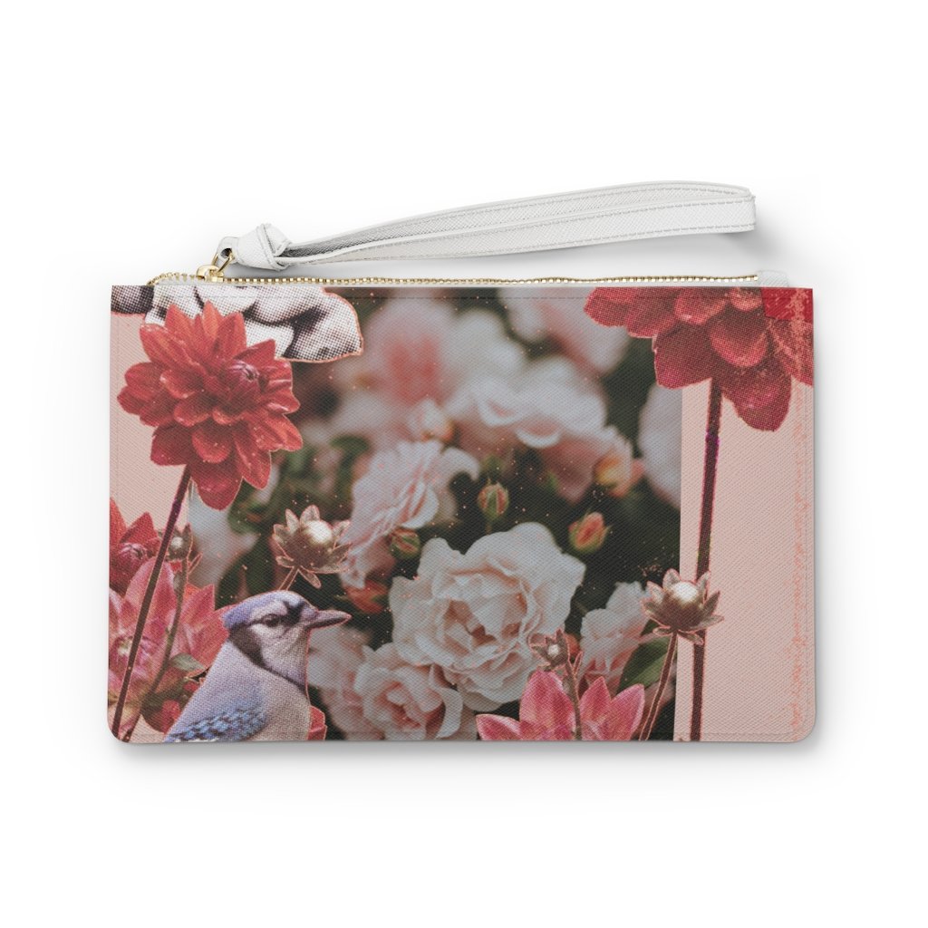 Floral Grunge Design Zipped Clutch Bag in vegan leather with Saffiano pattern, featuring a loop handle and zip fastening.