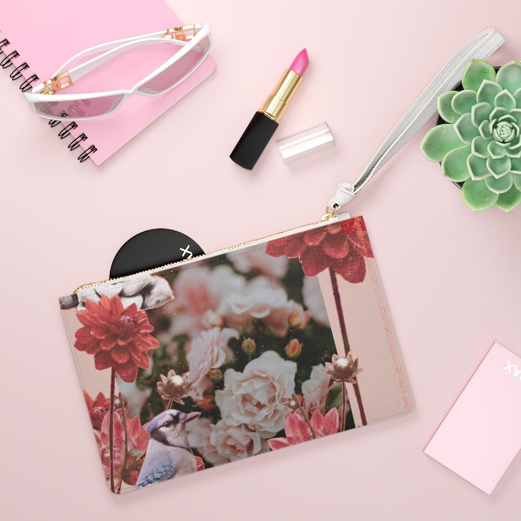 Floral Grunge Design Zipped Clutch Bag in vegan leather with Saffiano pattern, featuring a loop handle and zip fastening.