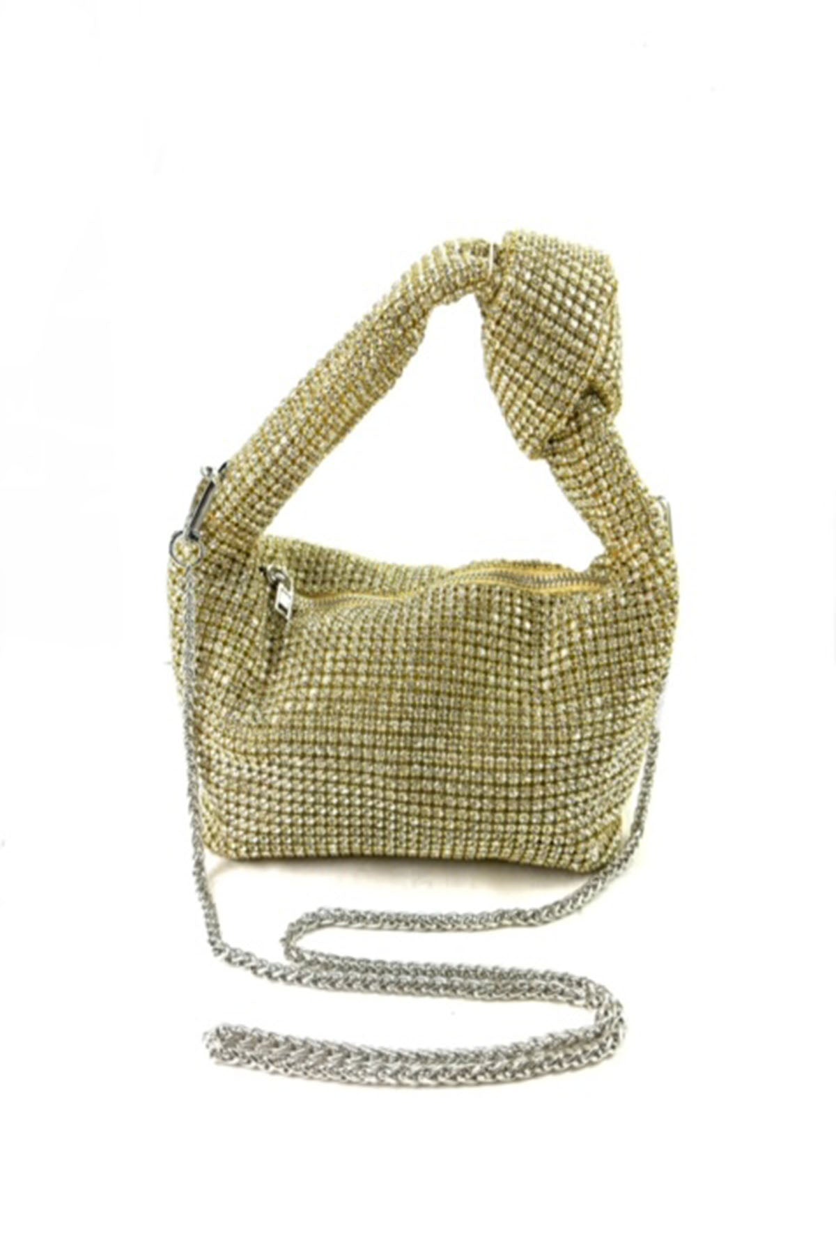 A stylish Full Rhinestone Mini Bag featuring a sparkling rhinestone exterior, zipper closure, and detachable long chain strap.