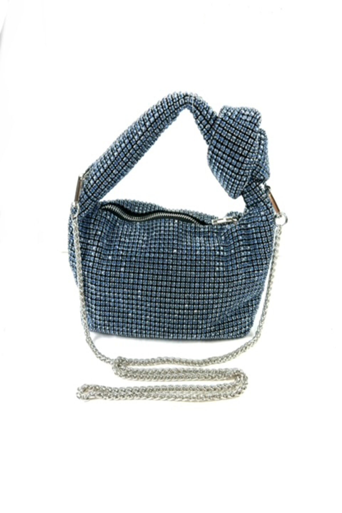 A stylish Full Rhinestone Mini Bag featuring a sparkling rhinestone exterior, zipper closure, and detachable long chain strap.