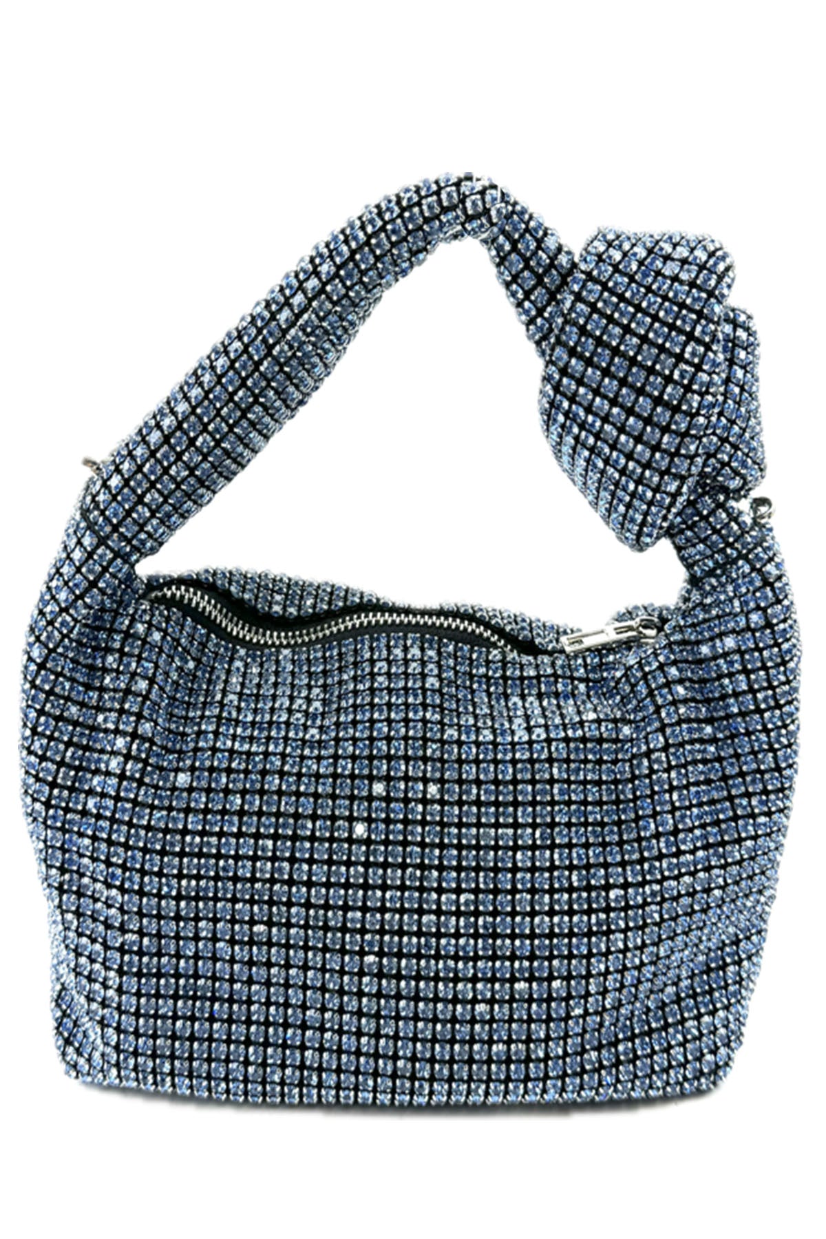 A stylish Full Rhinestone Mini Bag featuring a sparkling rhinestone exterior, zipper closure, and detachable long chain strap.