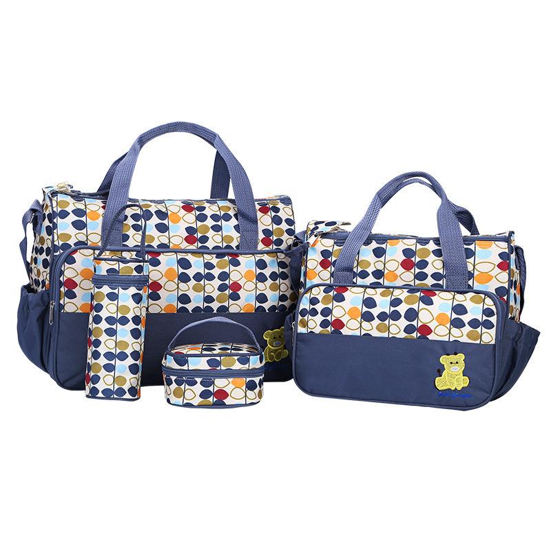High Quality Five-piece Multifunctional Mummy Handbag set featuring a spacious tote, small handbag, insulated bottle bag, meal bag, and urine pad, all in stylish design.