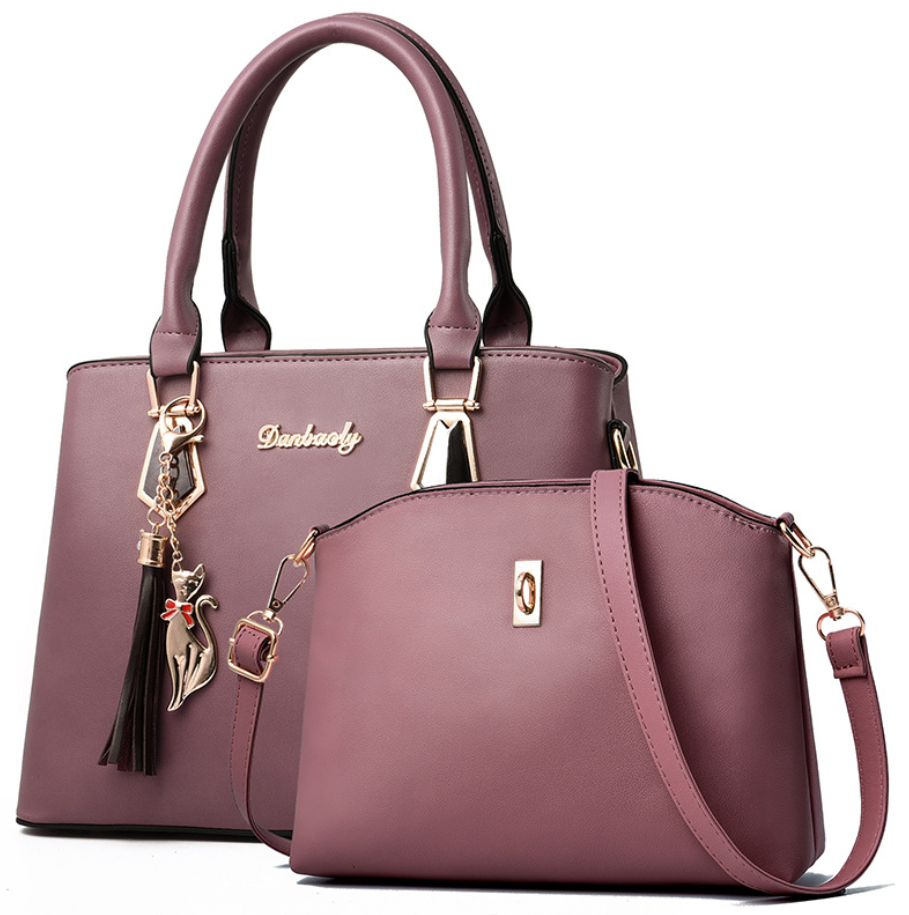 High Quality Two-Piece PU Handbag for Women featuring a stylish motorcycle bag design with a soft handle and multiple internal pockets.
