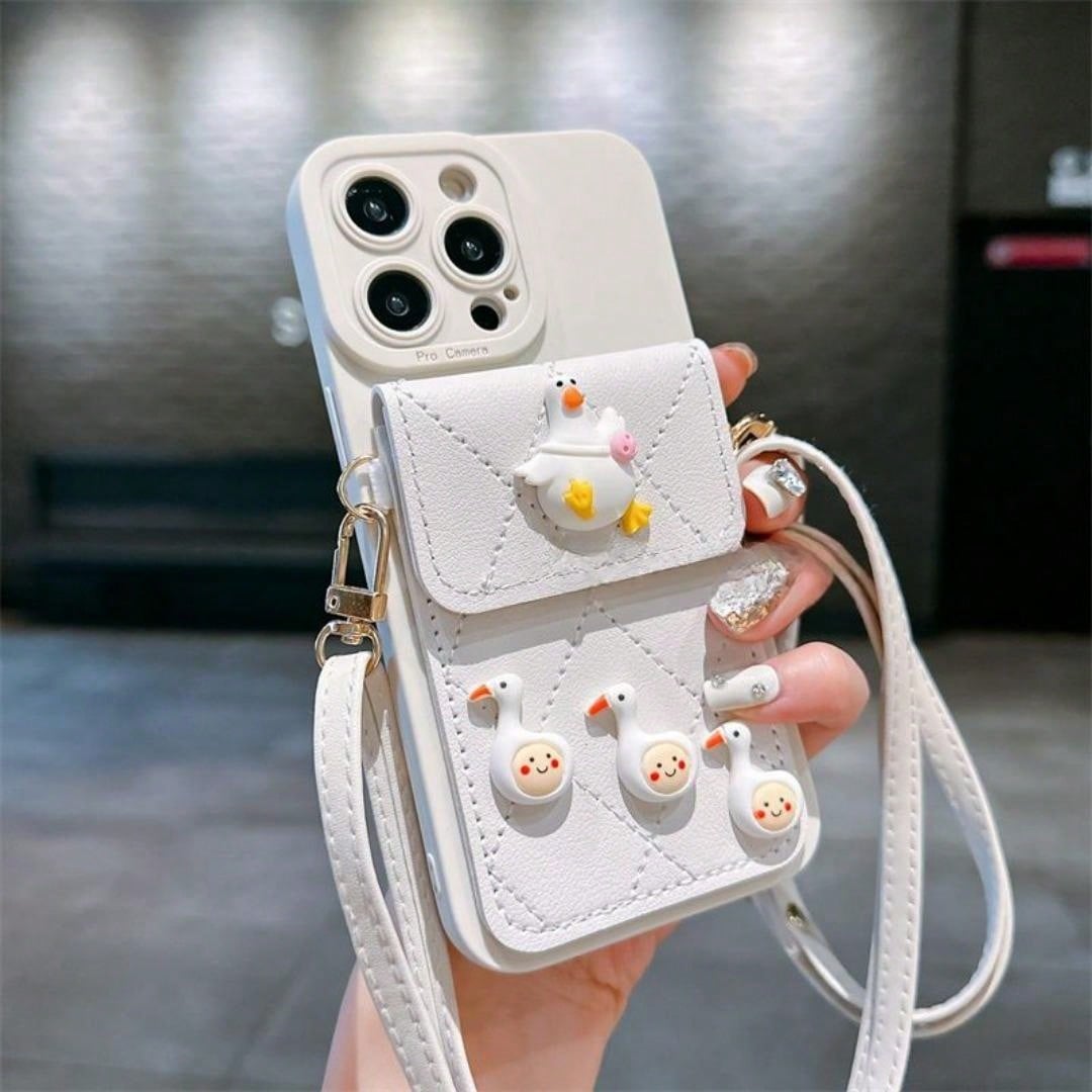 Cute leather wallet phone case for iPhone 14 Pro Max and 13 Pro, featuring card slots and an adjustable strap for crossbody wear.