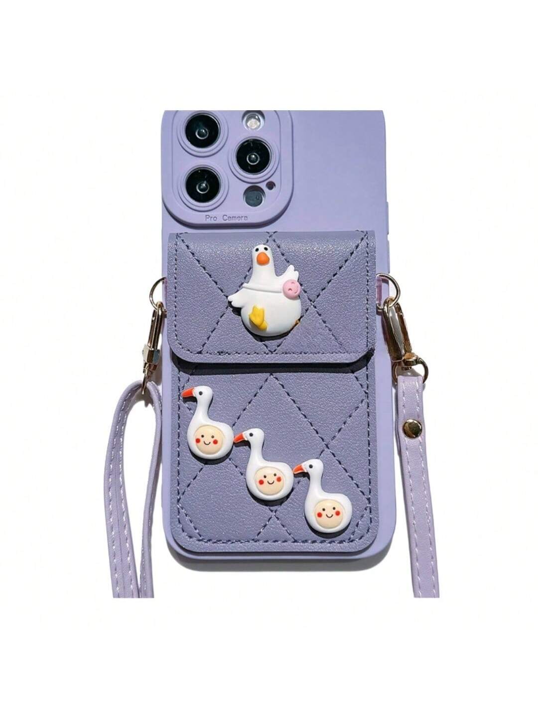 Cute leather wallet phone case for iPhone 14 Pro Max and 13 Pro, featuring card slots and an adjustable strap for crossbody wear.
