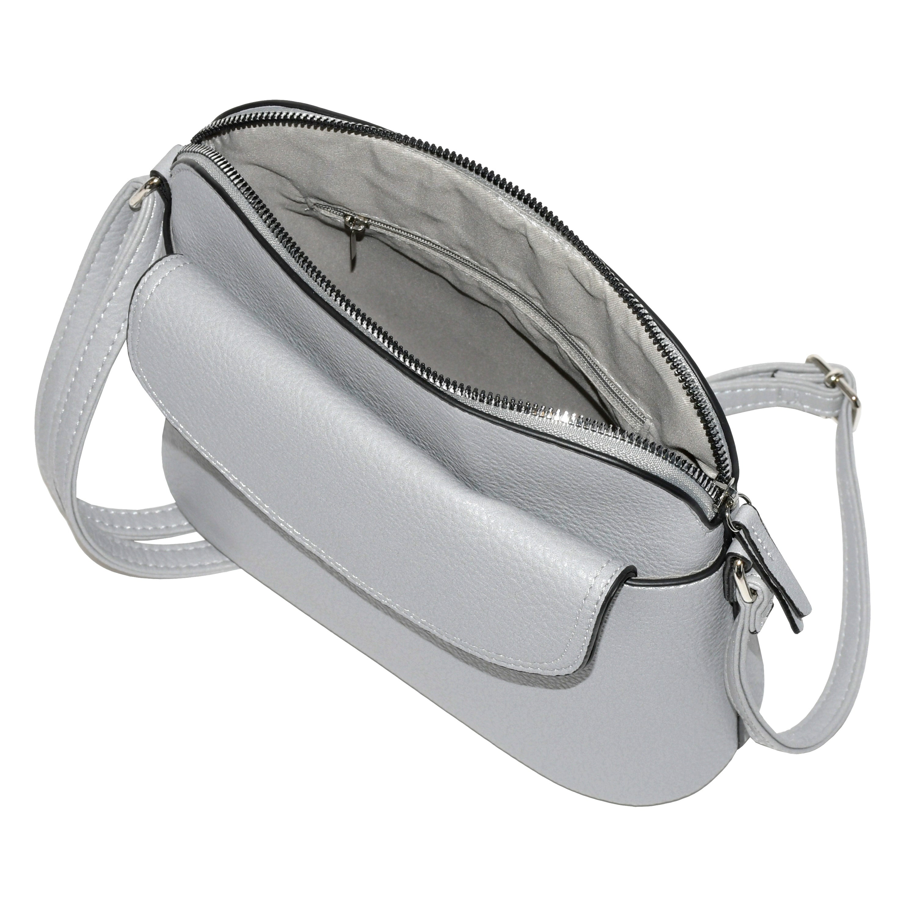 Ladies' Crossbody Bag with Front Flap in soft pebble PU, featuring a rounded flap, adjustable strap, and spacious interior.