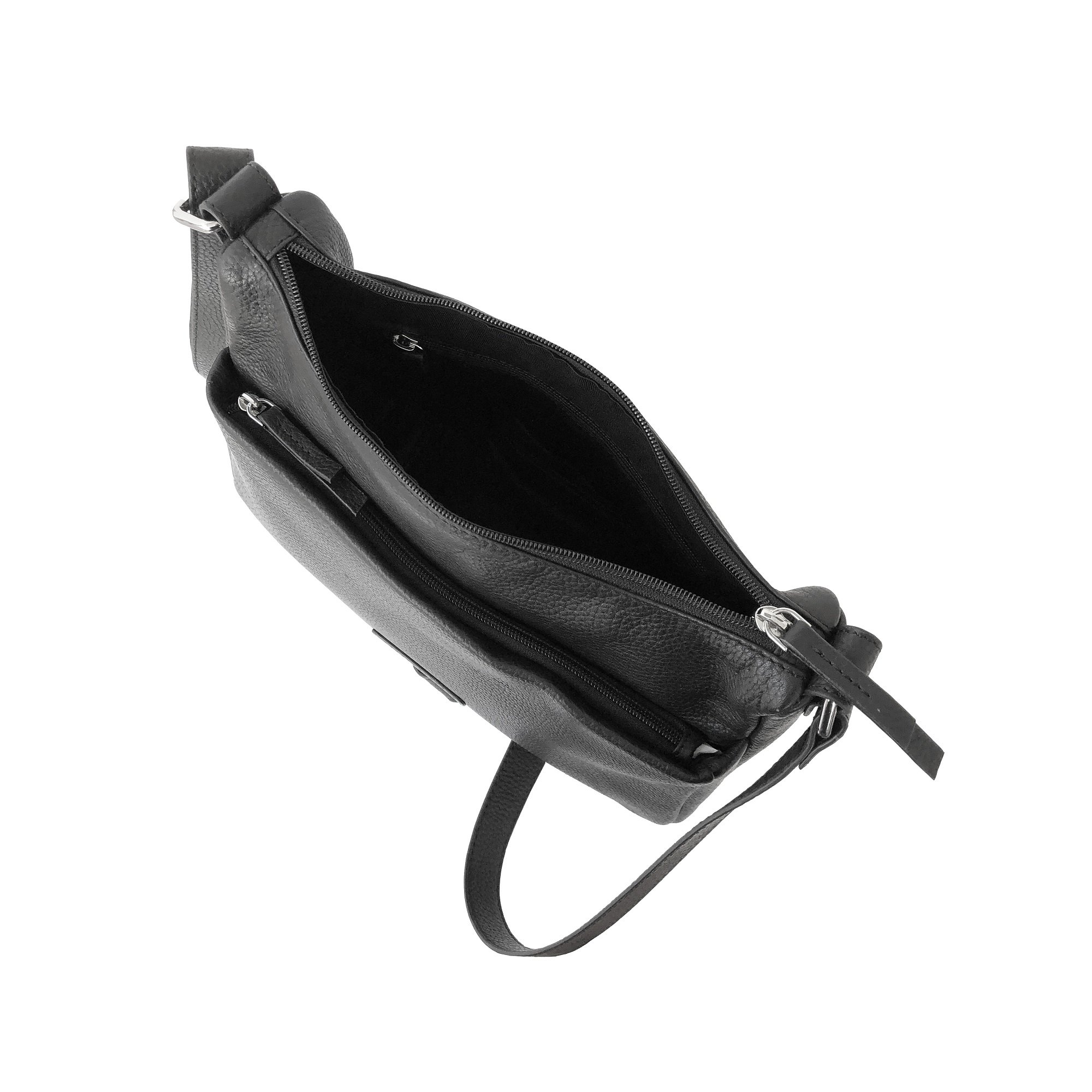 Ladies Leather Medium Multi Zip Crossbody Bag in rich leather with adjustable strap and multiple zippered pockets.