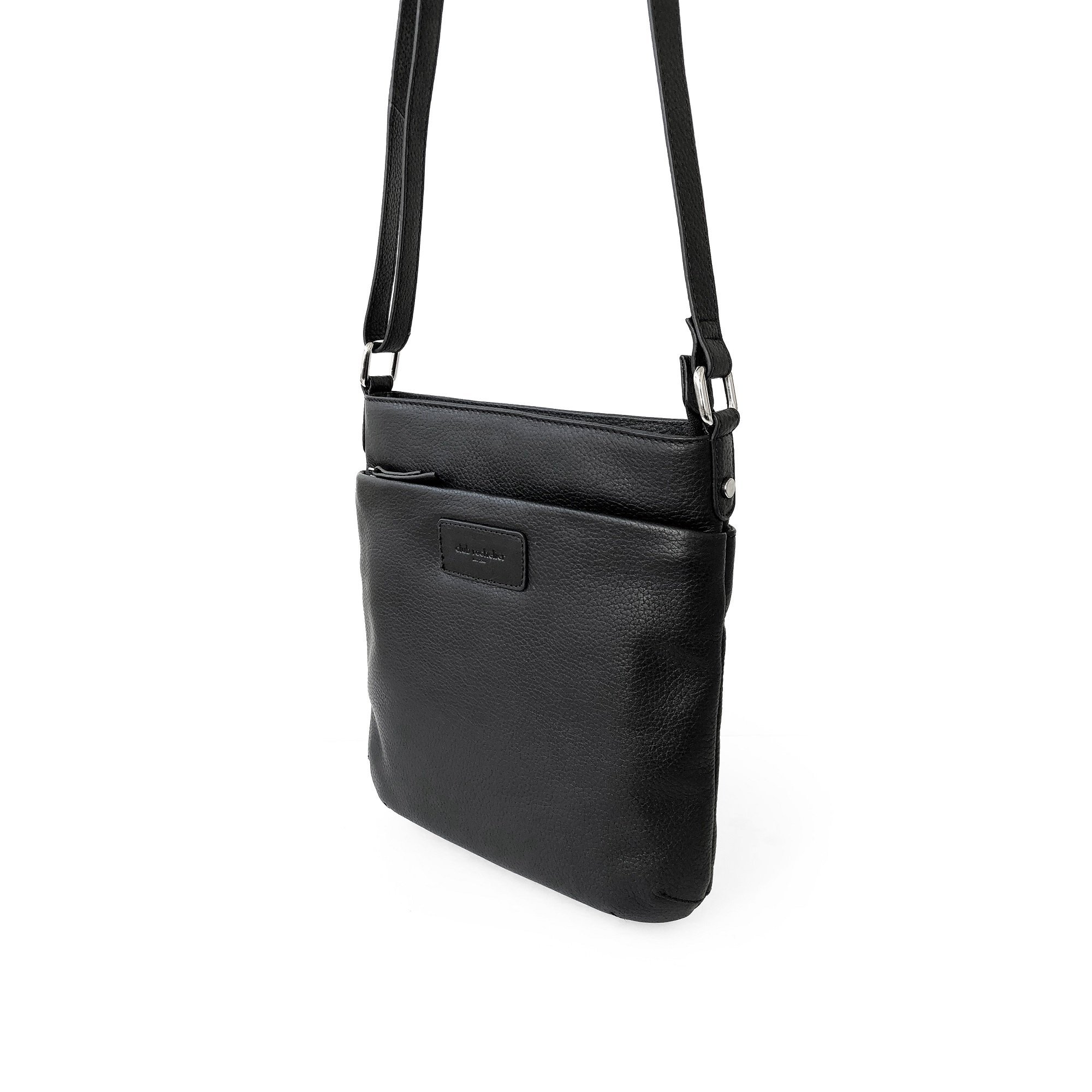 Ladies Leather Top Zipper Crossbody Bag in rich leather with adjustable strap and shiny silver hardware.