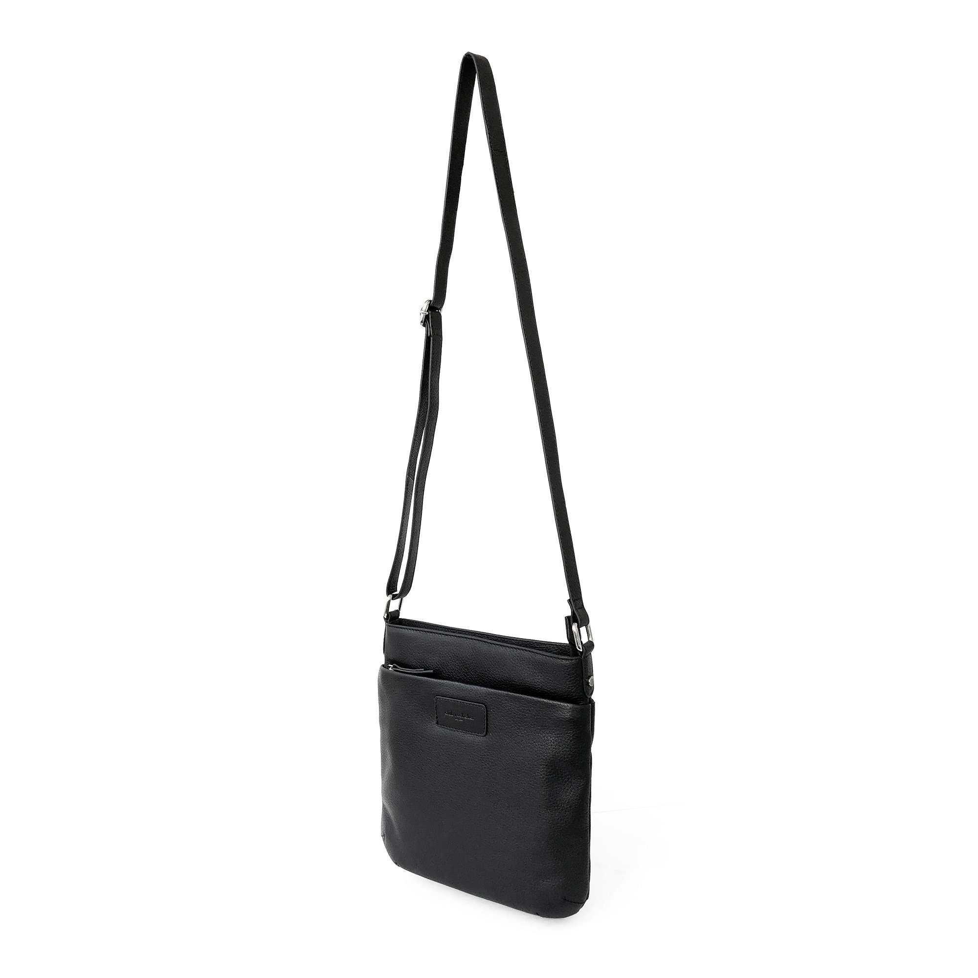 Ladies Leather Top Zipper Crossbody Bag in rich leather with adjustable strap and shiny silver hardware.