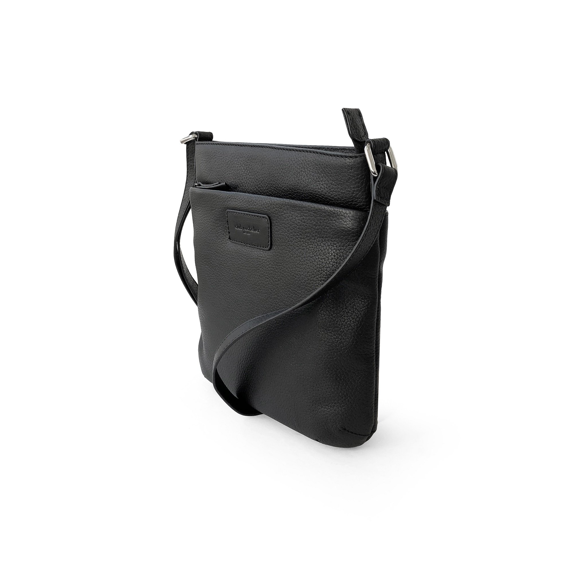 Ladies Leather Top Zipper Crossbody Bag in rich leather with adjustable strap and shiny silver hardware.